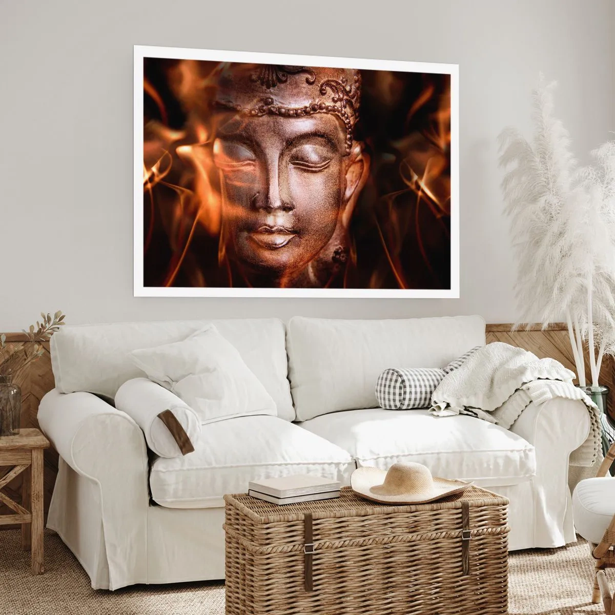 Affiche - Poster - Une statue de Bouddha au milieu de flammes aux teintes dorées - 100x70cm - Il n'existe qu'ici et maintenant - Décoration murale moderne pour le salon et la chambre ARTTOR