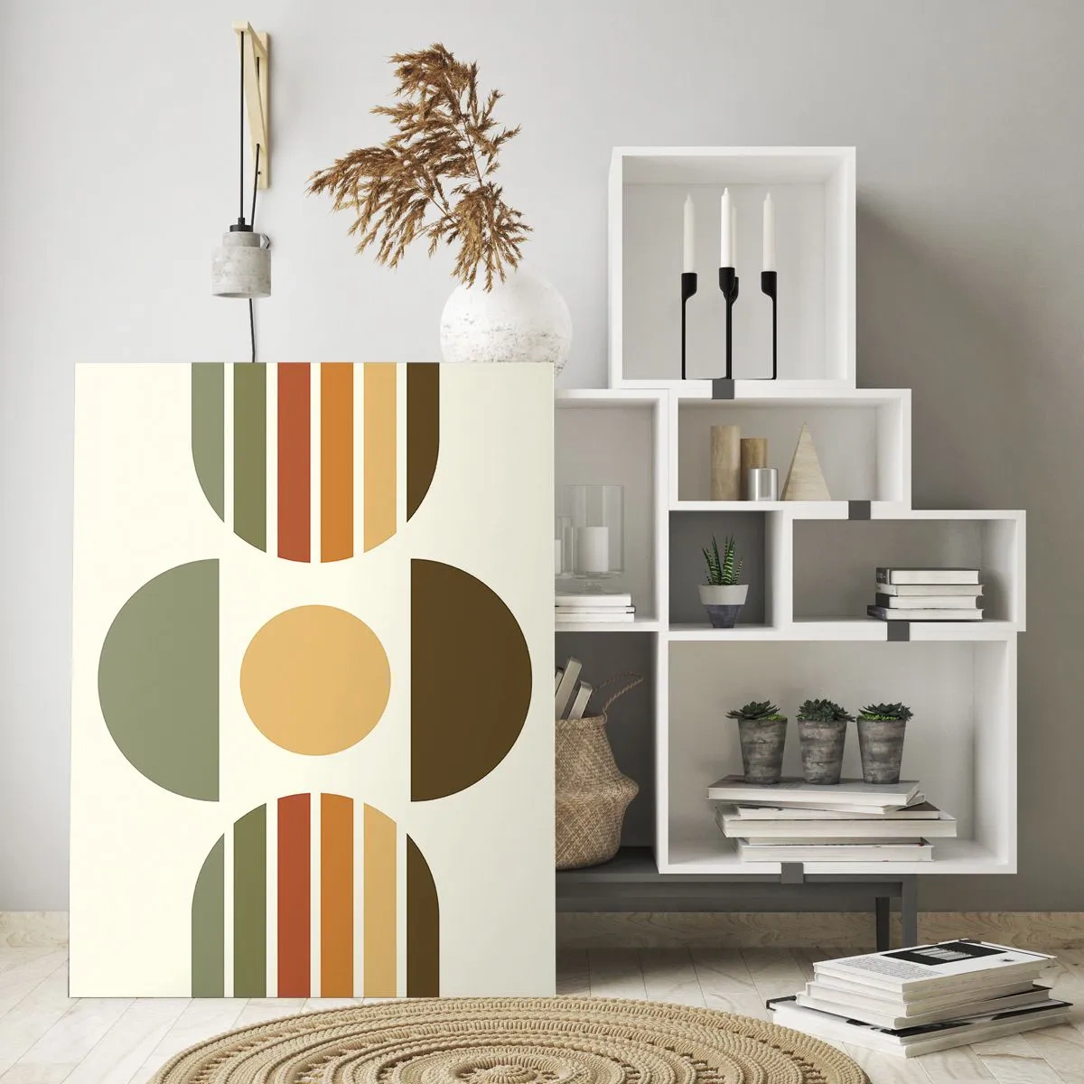 Impression sur verre - Image sur verre - Composition géométrique avec des demi-cercles et des rayures dans des tons terreux - 80x120cm - Dans les coulaurs de la terre - Décoration murale moderne pour le salon et la chambre ARTTOR