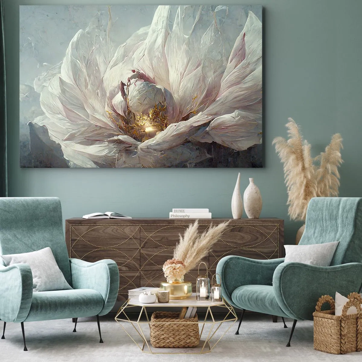 Impression sur toile - Image sur toile - Une fleur blanche délicate avec de subtils accents dorés - 120x80cm - Il fleurit une fois tous les cent ans - Décoration murale moderne pour le salon et la chambre ARTTOR
