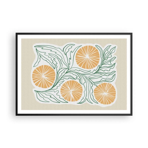 Affiche dans un cadre noir - Poster - Un motif orange minimaliste avec des feuilles vertes - 100x70cm - Ethnique avec une pointe d'abstraction - Décoration murale moderne pour le salon et la chambre ARTTOR