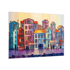 Impression sur verre - Image sur verre - Des immeubles colorés se reflètent dans l'eau - 70x50cm - Une ville comme dans un conte de fées - Décoration murale moderne pour le salon et la chambre ARTTOR