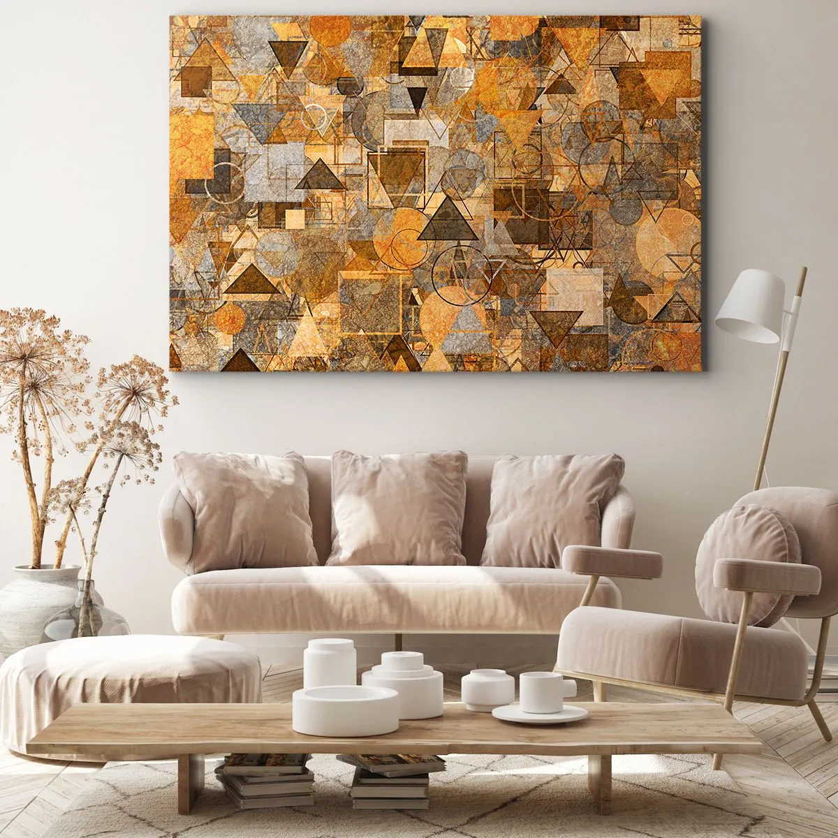 Impression sur toile - Image sur toile - Motifs géométriques abstraits dans des tons dorés - 70x50cm - Le monde en forme - Décoration murale moderne pour le salon et la chambre ARTTOR