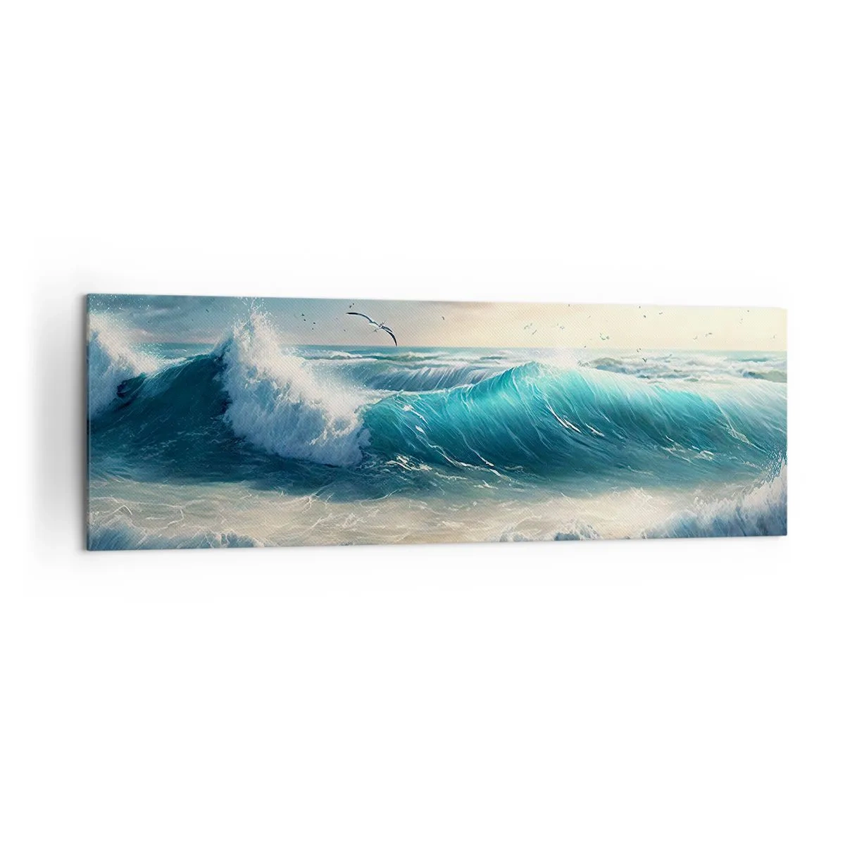 Impression sur toile - Image sur toile - Vagues de la mer sur la plage sous un ciel bleu avec des mouettes - 160x50cm - Ça bourdonne seulement pour toi - Décoration murale moderne pour le salon et la chambre ARTTOR