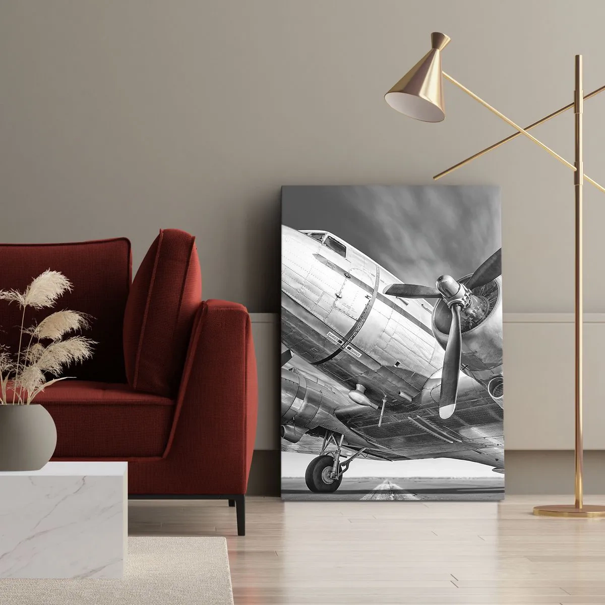 Impression sur toile - Image sur toile - Une image en noir et blanc d'un avion classique avec des détails structurels visibles. - 80x120cm - Toujours prêt à voler - Décoration murale moderne pour le salon et la chambre ARTTOR