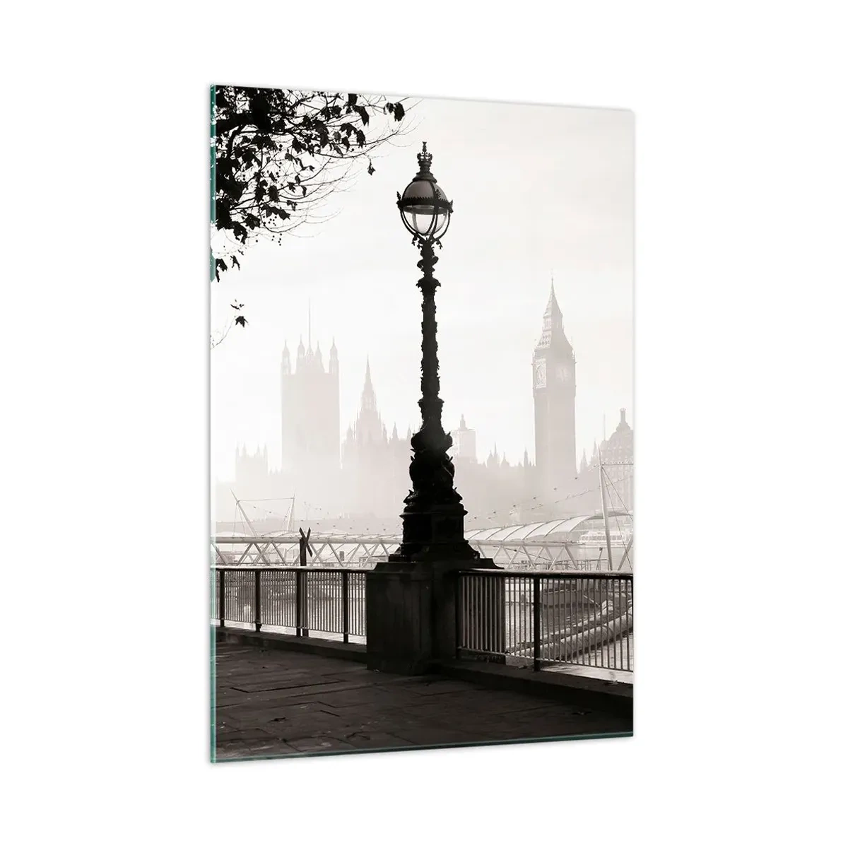 Impression sur verre - Image sur verre - Photographie en noir et blanc de la promenade de Londres avec Big Ben - 50x70cm - Un matin londonien - Décoration murale moderne pour le salon et la chambre ARTTOR