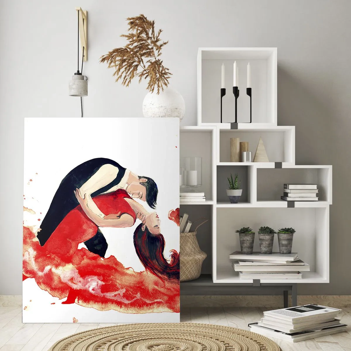 Impression sur verre - Image sur verre - Un couple dansant dans une composition dynamique à l'aquarelle rouge - 50x70cm - Tango - une vague sensuelle - Décoration murale moderne pour le salon et la chambre ARTTOR