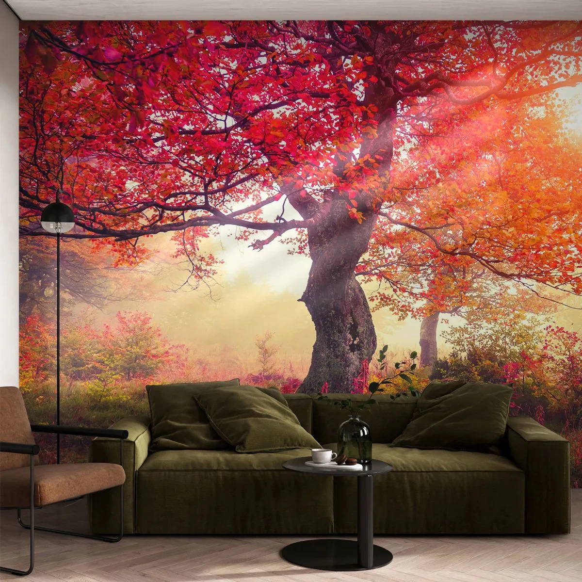 Papier Peint Photo Premium Sand - Paysage d'automne avec des arbres dans une lumière dorée - 100x70cm - Frénésie de floraison - Décoration murale moderne pour le salon et la chambre ARTTOR