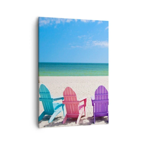 Impression sur toile - Image sur toile - Chaises longues colorées sur la plage avec vue sur la mer - 50x70cm - Plage arc-en-ciel - Décoration murale moderne pour le salon et la chambre ARTTOR
