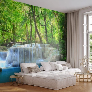 Papier Peint Photo Premium Sand - Se noyer dans le turquoise et le vert - Paysage, Cascade, Cascade - 400x280 cm