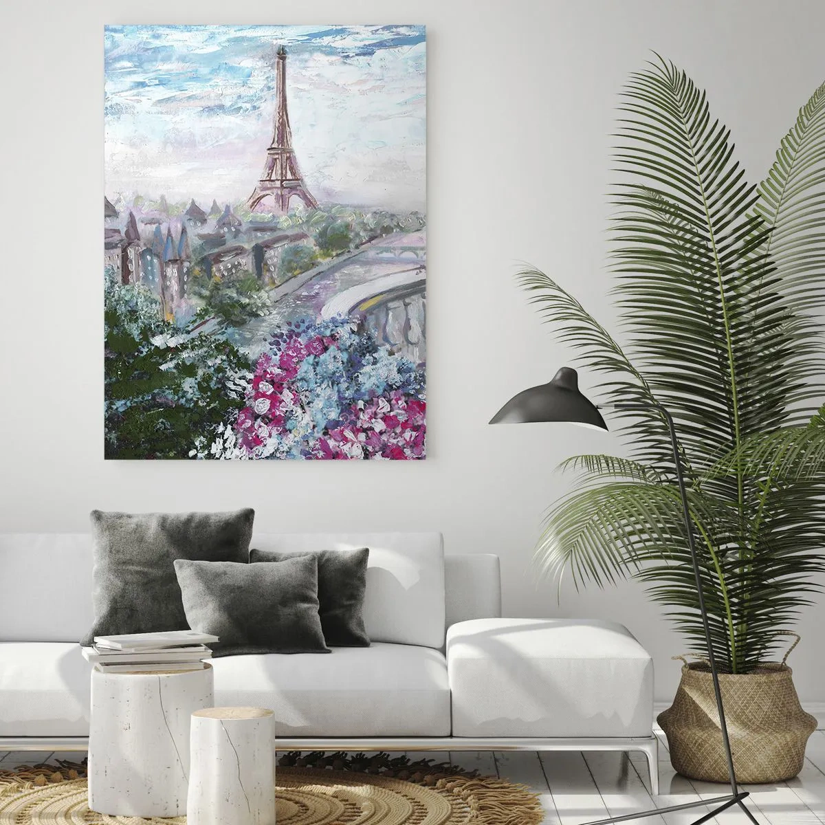 Impression sur verre - Image sur verre - Une vue romantique de Paris avec la Tour Eiffel et un balcon rempli de fleurs - 70x100cm - C'est le plus beau ici en mai - Décoration murale moderne pour le salon et la chambre ARTTOR