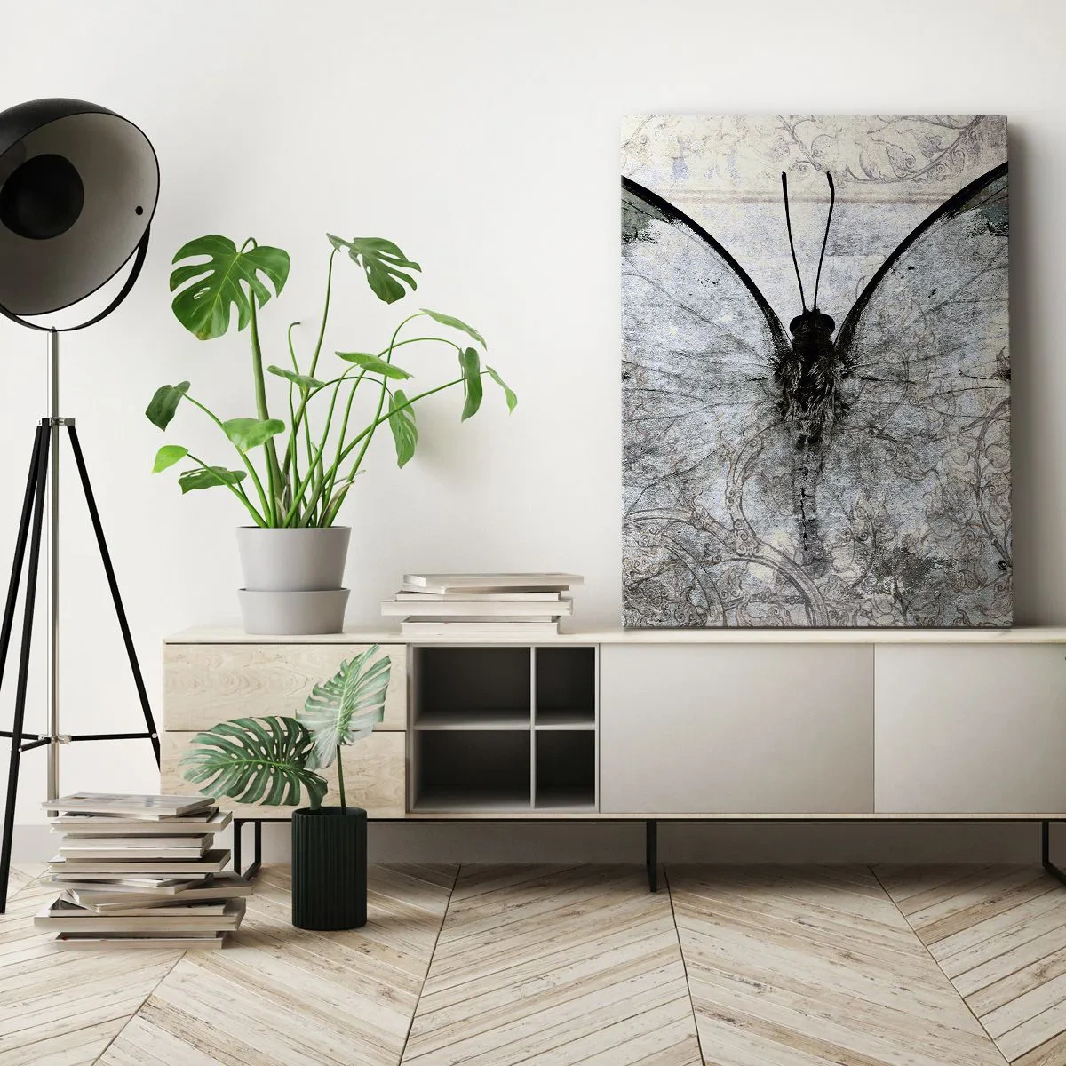 Impression sur toile - Image sur toile - Un papillon dans les tons de vert et de gris sur un fond décoratif - 70x100cm - Dans le style Art Nouveau - Décoration murale moderne pour le salon et la chambre ARTTOR