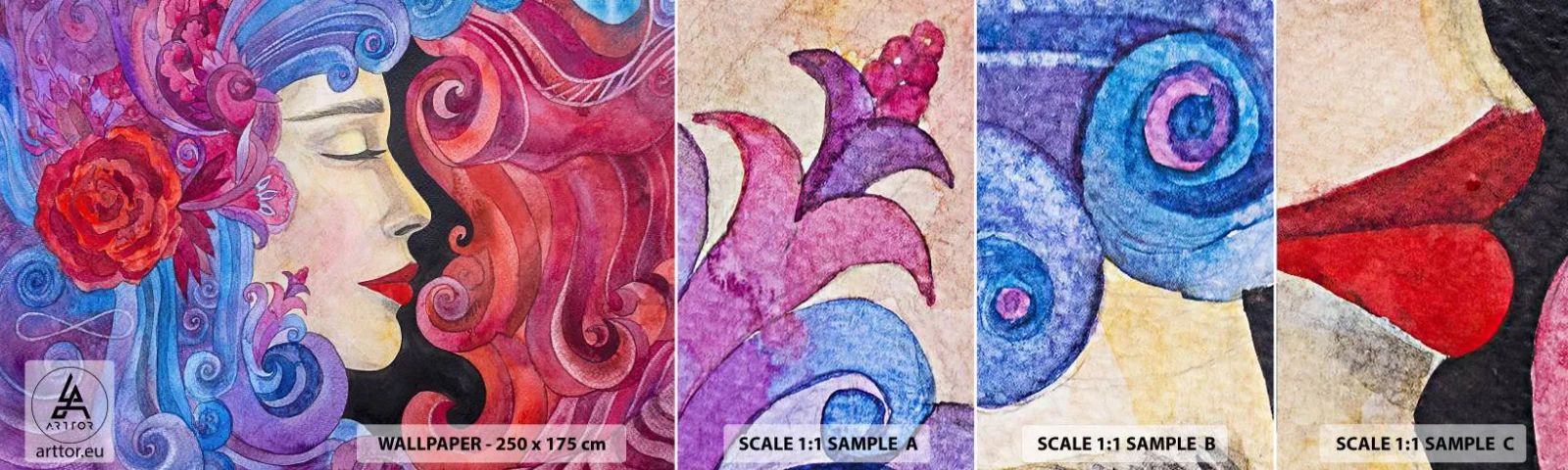 Échantillon de Papier Peint Autocollant Deluxe Sticker - L'Art Nouveau est toujours vivant - Femme, Fleurs, Déesse - 100x30 cm