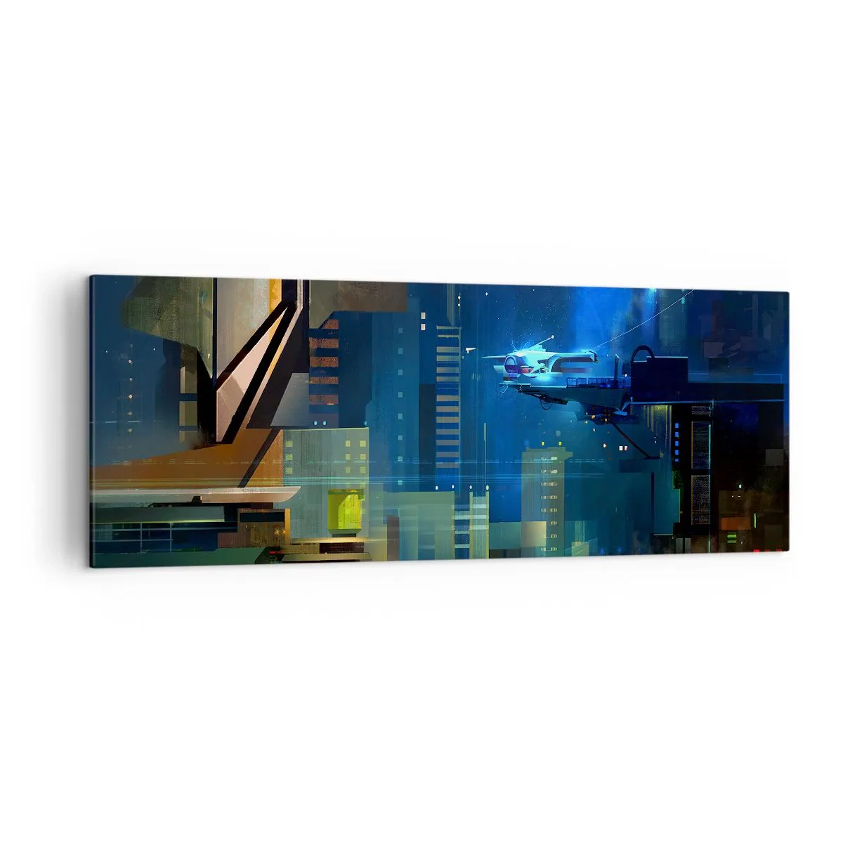 Impression sur toile - Image sur toile - Ville futuriste la nuit avec des néons et un véhicule volant - 140x50cm - Dans le futur proche - Décoration murale moderne pour le salon et la chambre ARTTOR