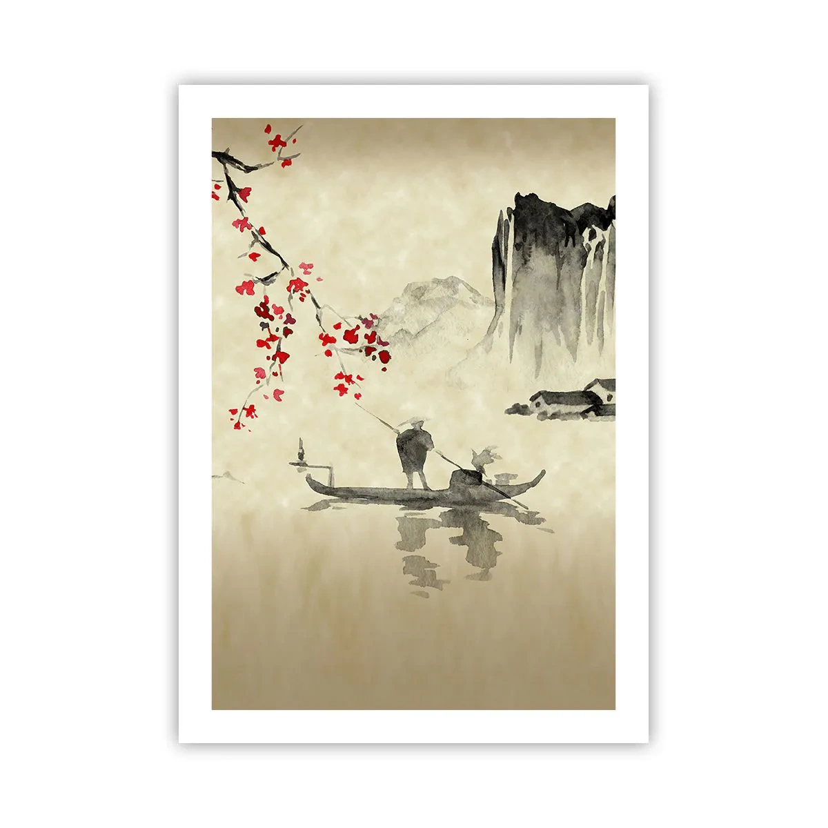 Affiche - Poster - Scène orientale avec des pêcheurs sur un bateau - 50x70cm - Au pays des cerisiers en fleurs - Décoration murale moderne pour le salon et la chambre ARTTOR