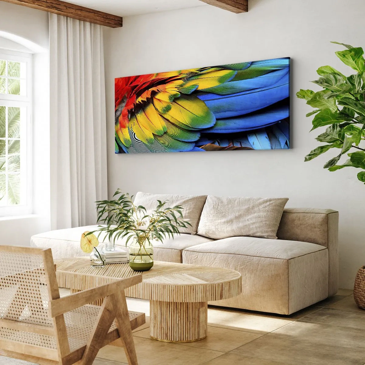 Impression sur toile - Image sur toile - Gros plan des plumes colorées d'un perroquet - 160x50cm - Oiseau de paradis - Décoration murale moderne pour le salon et la chambre ARTTOR