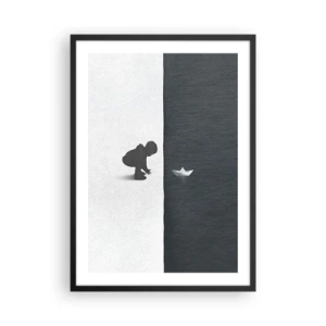 Affiche dans un cadre noir - Poster - Un enfant penché sur l'eau avec un bateau en papier - 50x70cm - Grande expédition - Décoration murale moderne pour le salon et la chambre ARTTOR
