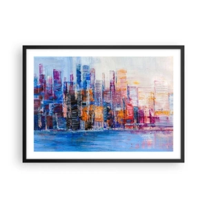 Affiche dans un cadre noir - Poster - Un panorama coloré de la ville avec des reflets sur l'eau - 70x50cm - Une métropole joyeuse - Décoration murale moderne pour le salon et la chambre ARTTOR