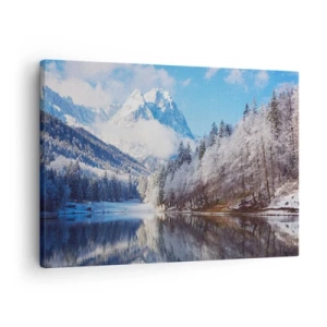 Impression sur toile - Image sur toile - Paysage de montagne hivernal avec des arbres enneigés et un lac - 70x50cm - Protecteur de la neige - Décoration murale moderne pour le salon et la chambre ARTTOR