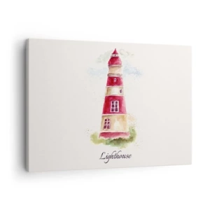 Impression sur toile - Image sur toile - Une aquarelle représentant un phare sur fond clair avec une inscription - 70x50cm - Il y a toujours beau temps autour - Décoration murale moderne pour le salon et la chambre ARTTOR