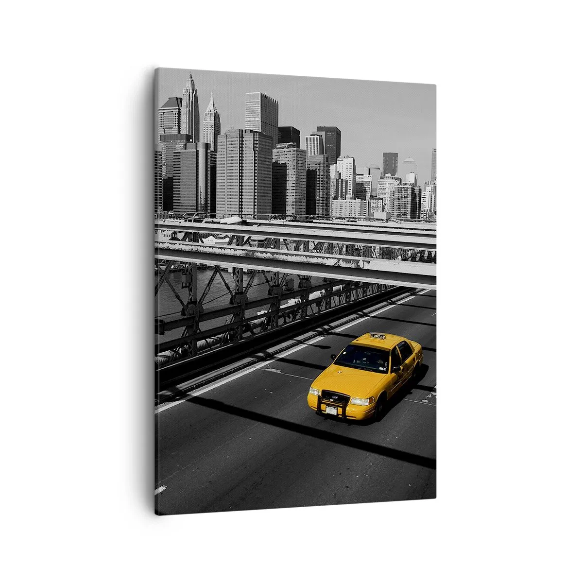 Impression sur toile - Image sur toile - Taxi jaune sur un pont avec vue sur les toits de New York - 50x70cm - Couleur de la grande ville - Décoration murale moderne pour le salon et la chambre ARTTOR