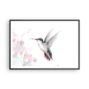 Affiche dans un cadre noir - Poster - Un colibri aux couleurs pastel délicates sur un fond de fleurs - 100x70cm - Immortalisé dans un battement - Décoration murale moderne pour le salon et la chambre ARTTOR