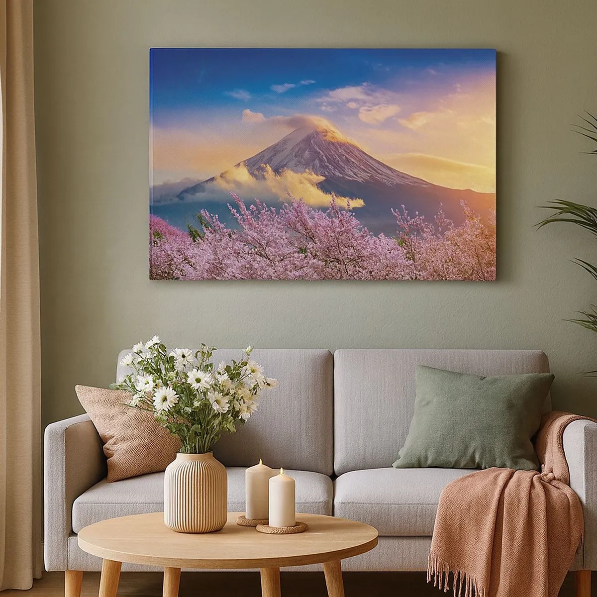 Impression sur toile - Image sur toile - Mont Fuji avec des cerisiers en fleurs en arrière-plan au coucher du soleil - 70x50cm - Sainteté japonaise - Décoration murale moderne pour le salon et la chambre ARTTOR
