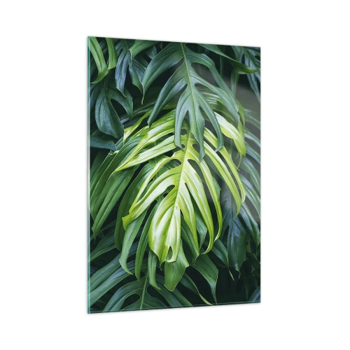 Impression sur verre - Image sur verre - Feuilles de monstera vertes luxuriantes à la lumière naturelle - 50x70cm - Immergez-vous dans la fraîcheur - Décoration murale moderne pour le salon et la chambre ARTTOR