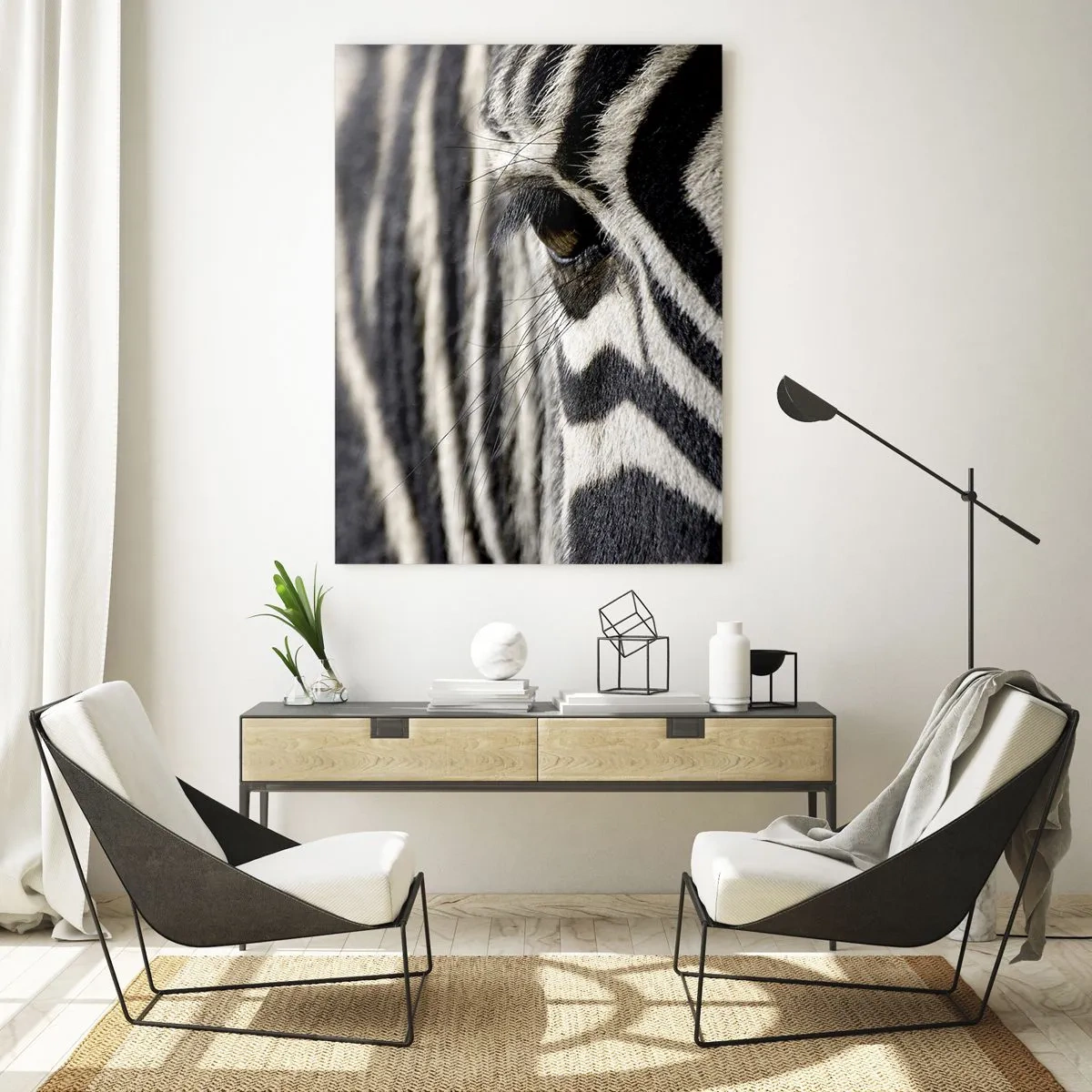 Impression sur verre - Image sur verre - Gros plan de l'œil d'un zèbre avec des rayures noires et blanches - 70x100cm - Portrait en rayure - Décoration murale moderne pour le salon et la chambre ARTTOR