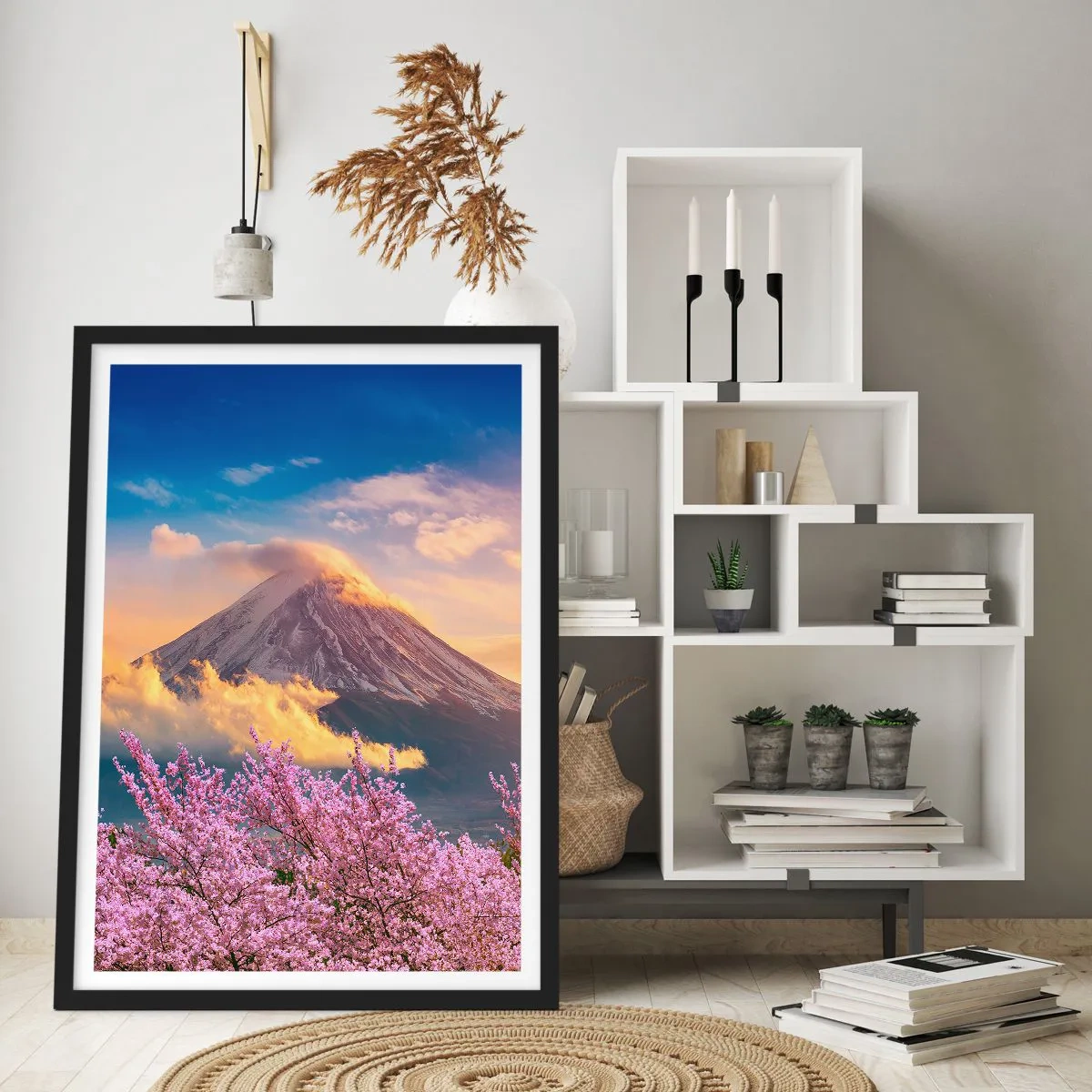 Affiche dans un cadre noir - Poster - Le mont Fuji entouré de cerisiers en fleurs au coucher du soleil - 50x70cm - Sainteté japonaise - Décoration murale moderne pour le salon et la chambre ARTTOR