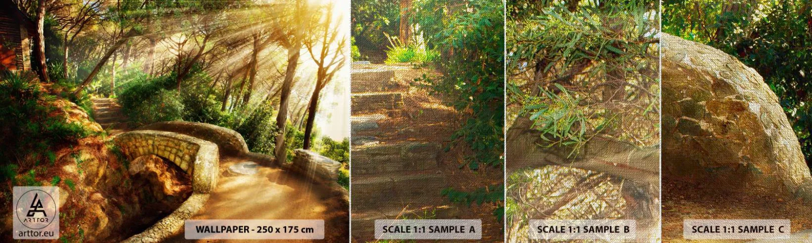 Échantillon de Papier Peint Premium Canvas - Directement du pont dans une forêt de conte de fées - Paysages, Escaliers en pierre, Rayons du soleil - 100x30 cm