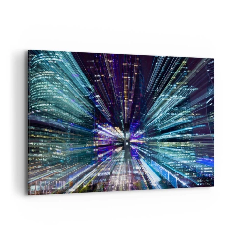 Impression sur toile - Image sur toile - Vue dynamique de la ville la nuit avec un effet de lumière - 100x70cm - Transition vers l'hyperespace - Décoration murale moderne pour le salon et la chambre ARTTOR