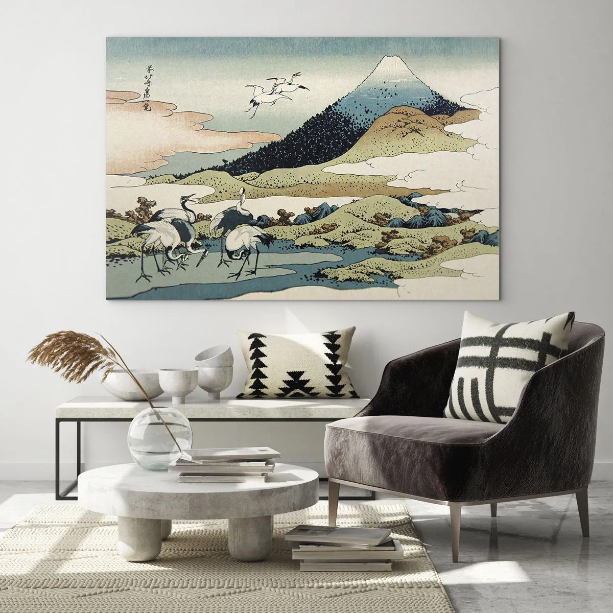 Impression sur verre - Image sur verre - Une peinture d'oiseaux dans un paysage japonais surplombant le mont Fuji. - 70x50cm - Avec une âme japonnaise - Décoration murale moderne pour le salon et la chambre ARTTOR