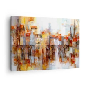 Impression sur toile - Image sur toile - Un panorama pittoresque de la ville avec un pont aux couleurs d'automne - 70x50cm - C'est aussi beau sous le pont - Décoration murale moderne pour le salon et la chambre ARTTOR