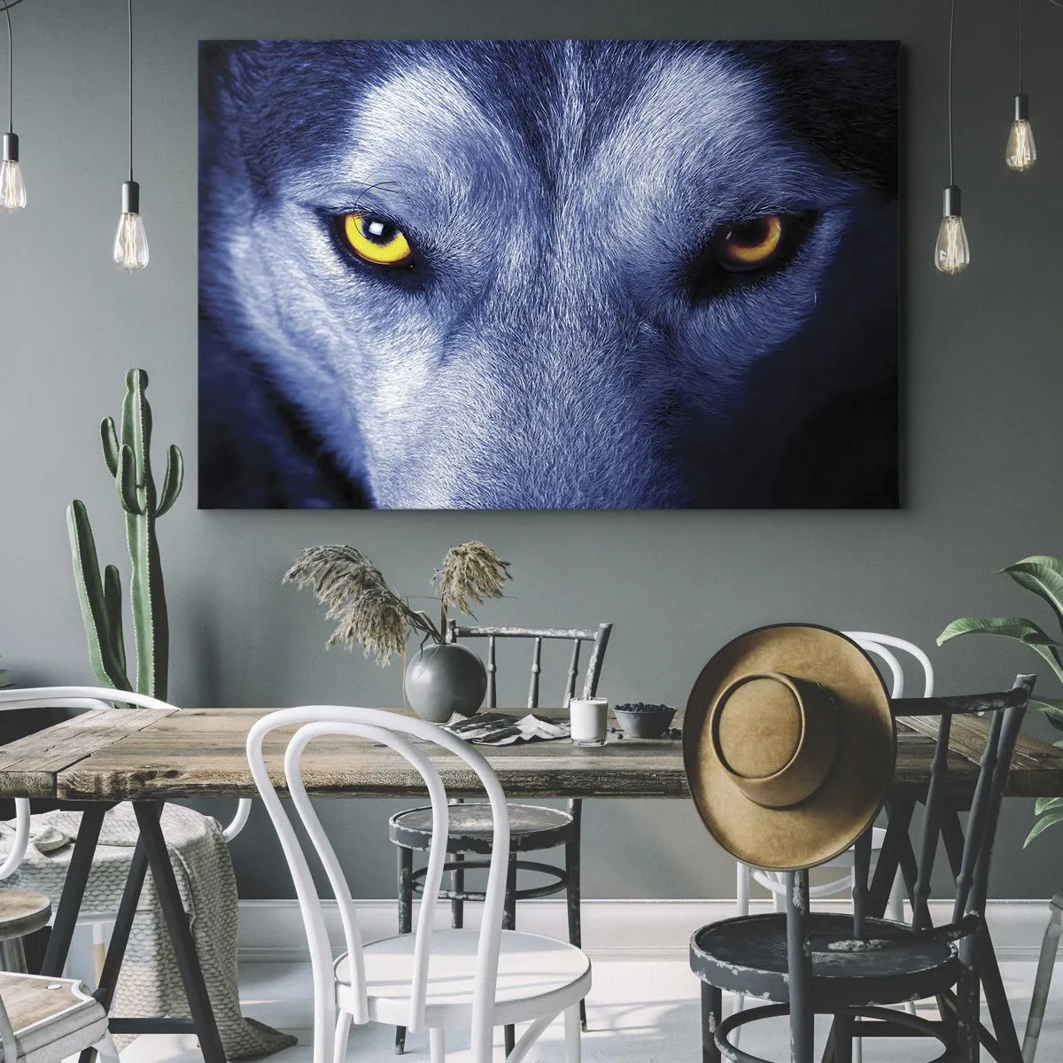 Impression sur toile - Image sur toile - Gros plan du regard intense d'un loup sur un fond sombre - 120x80cm - Regars hypnotique - Décoration murale moderne pour le salon et la chambre ARTTOR