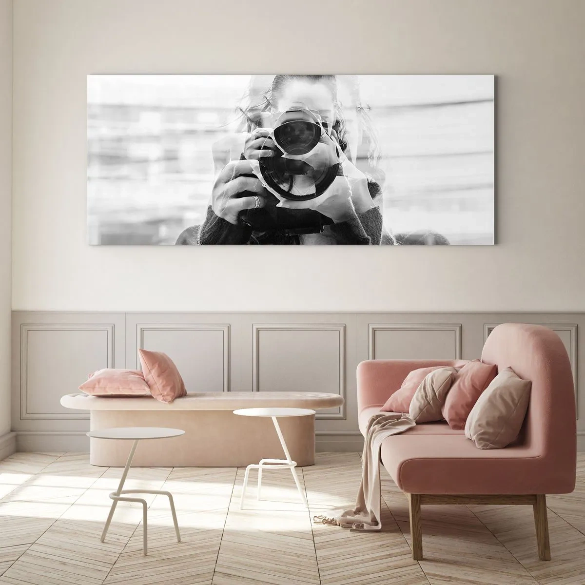 Impression sur verre - Image sur verre - Portrait en double exposition noir et blanc d'un photographe - 120x50cm - Créateur et matériel - Décoration murale moderne pour le salon et la chambre ARTTOR