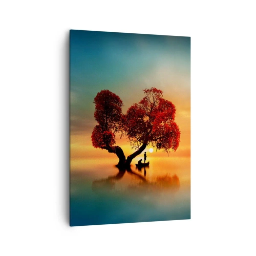 Impression sur toile - Image sur toile - Un arbre à feuilles rouges et un bateau sur l'eau au coucher du soleil - 70x100cm - Plénitude et éloignement sans monde - Décoration murale moderne pour le salon et la chambre ARTTOR