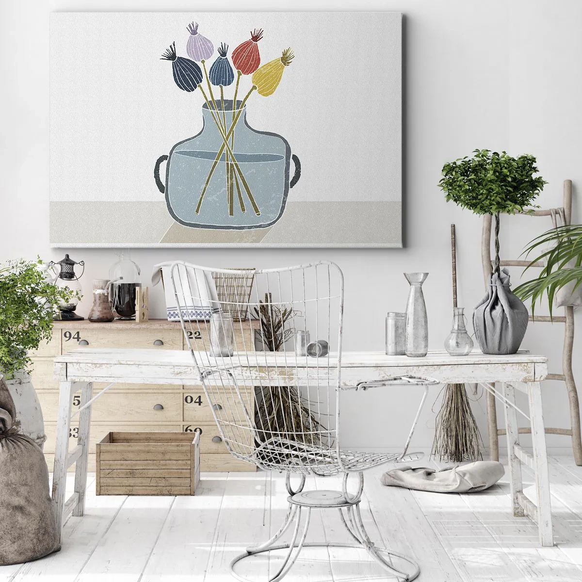 Impression sur toile - Image sur toile - Fleurs séchées colorées dans un vase sur fond blanc - 70x50cm - Comme s'il avait semé des graines de pavot - Décoration murale moderne pour le salon et la chambre ARTTOR