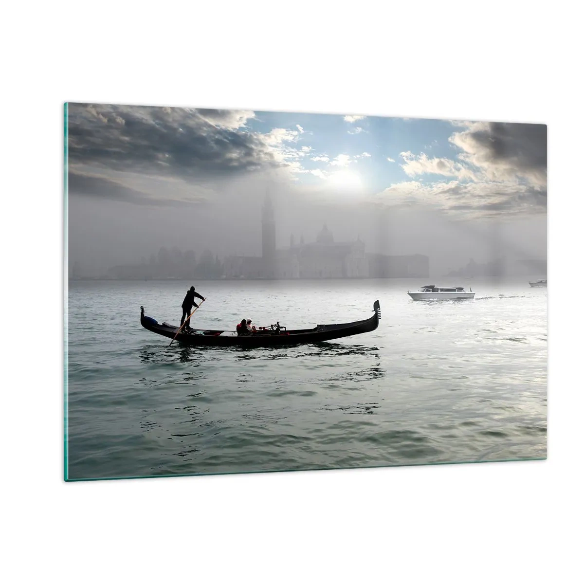 Impression sur verre - Image sur verre - Gondole sur les eaux de Venise par un matin brumeux - 120x80cm - Une ville fabuleuse faite d'eau et de brouillard - Décoration murale moderne pour le salon et la chambre ARTTOR