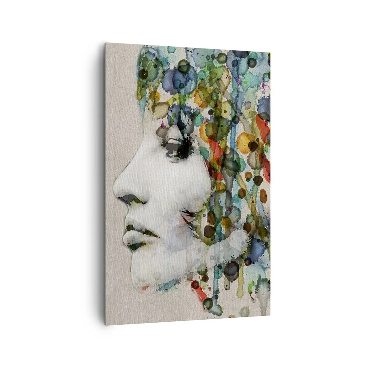 Impression sur toile - Image sur toile - Profil d'une femme aux couleurs aquarelles avec un fond abstrait - 80x120cm - Elle est sortie de la grisaille - Décoration murale moderne pour le salon et la chambre ARTTOR