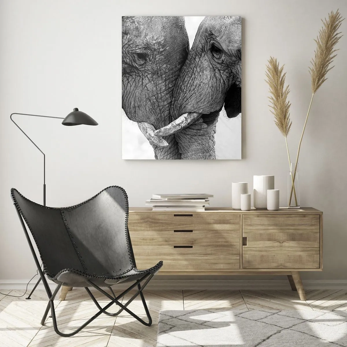 Impression sur verre - Image sur verre - Deux éléphants se touchant le front en noir et blanc - 50x70cm - Confession sincère - Décoration murale moderne pour le salon et la chambre ARTTOR