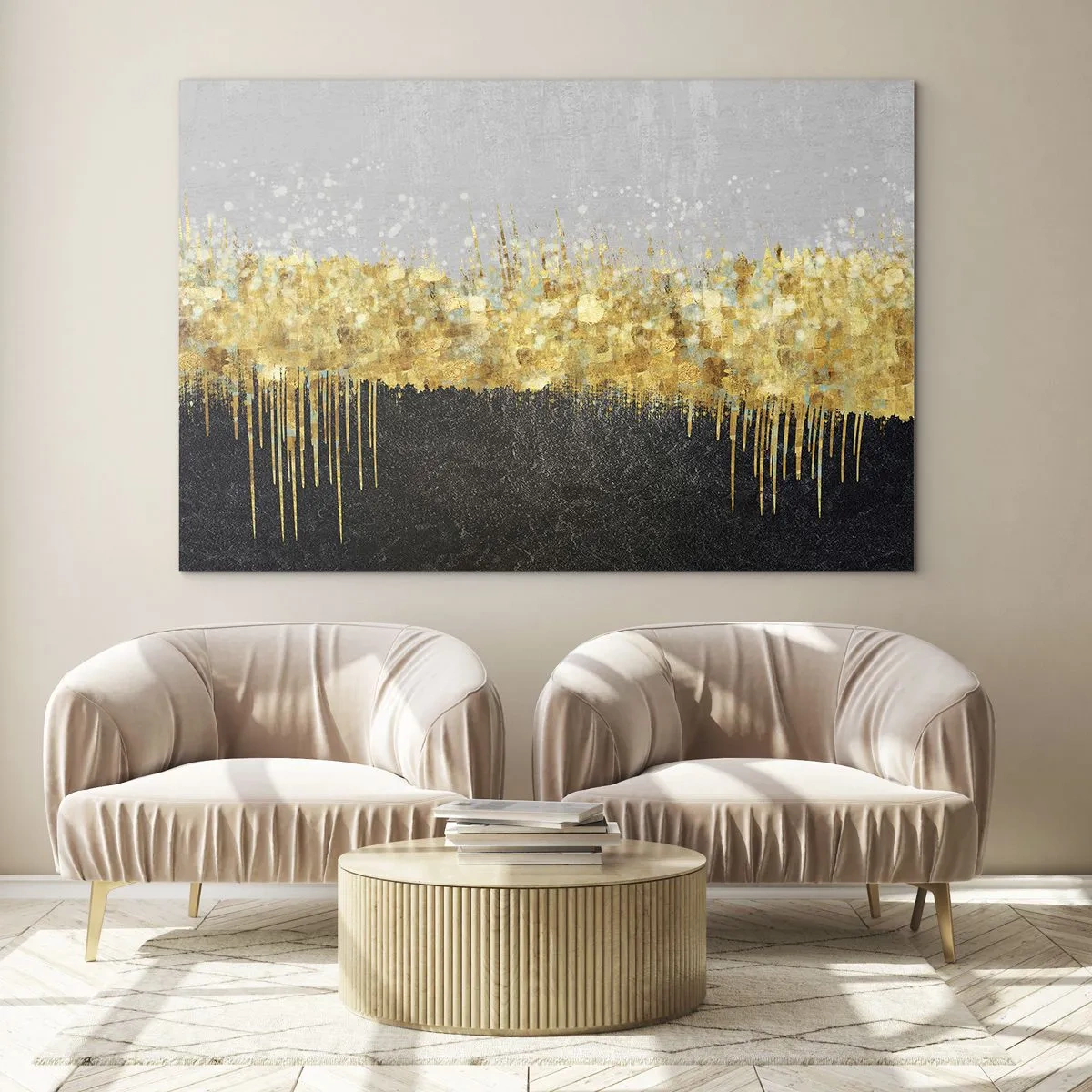 Impression sur verre - Image sur verre - Abstraction dorée avec contraste noir et gris - 70x50cm - Vers l'intérieur et vers le haut - Décoration murale moderne pour le salon et la chambre ARTTOR