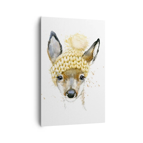 Impression sur toile - Image sur toile - Cerf aquarelle avec une casquette jaune - 80x120cm - Pour l'hiver dans la forêt enneigée - Décoration murale moderne pour le salon et la chambre ARTTOR