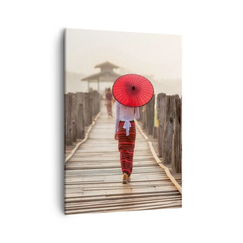 Impression sur toile - Image sur toile - Une femme avec un parapluie rouge sur un pont en bois - 50x70cm - Sur le vieux pont - Décoration murale moderne pour le salon et la chambre ARTTOR