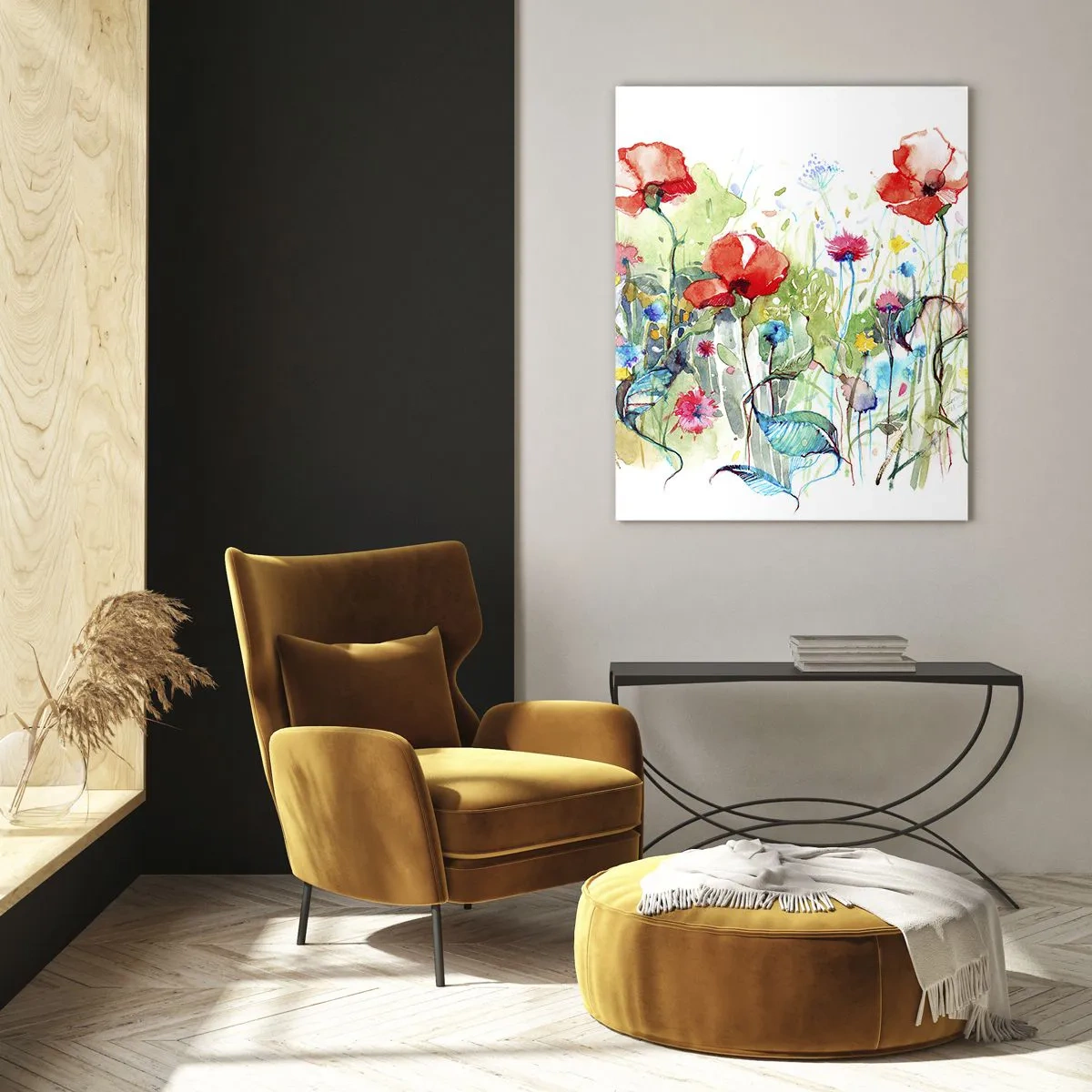 Impression sur verre - Image sur verre - Une prairie avec des coquelicots rouges et des fleurs colorées à l'aquarelle - 80x120cm - Prairie de fleurs en mai - Décoration murale moderne pour le salon et la chambre ARTTOR