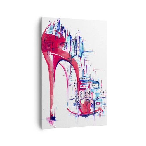 Impression sur toile - Image sur toile - Talon aiguille rouge abstrait avec détails urbains - 80x120cm - L'élégance des grandes villes - Décoration murale moderne pour le salon et la chambre ARTTOR
