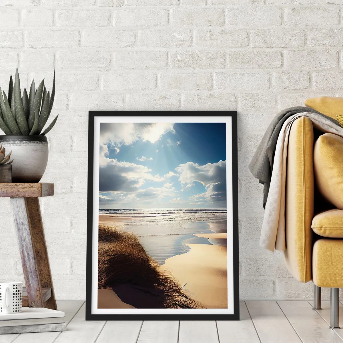 Affiche dans un cadre noir - Poster - Plage au coucher du soleil avec vagues et nuages - 50x70cm - Plage, plage sauvage - Décoration murale moderne pour le salon et la chambre ARTTOR