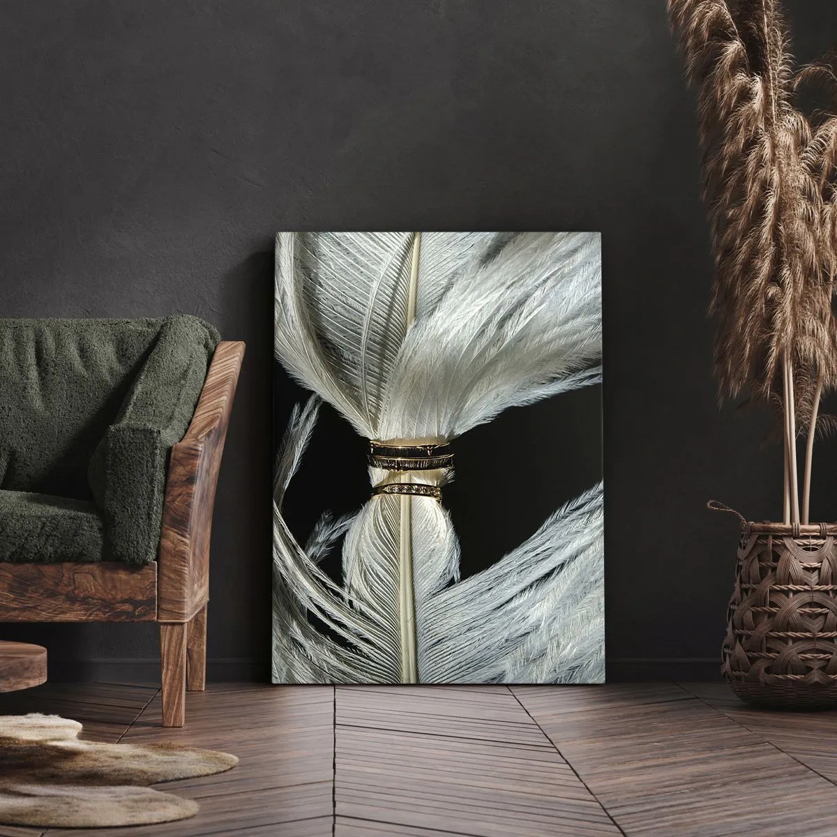 Impression sur toile - Image sur toile - Une plume blanche avec deux anneaux d'or sur fond noir - 70x100cm - ... et je ne te laisserai pas ... - Décoration murale moderne pour le salon et la chambre ARTTOR