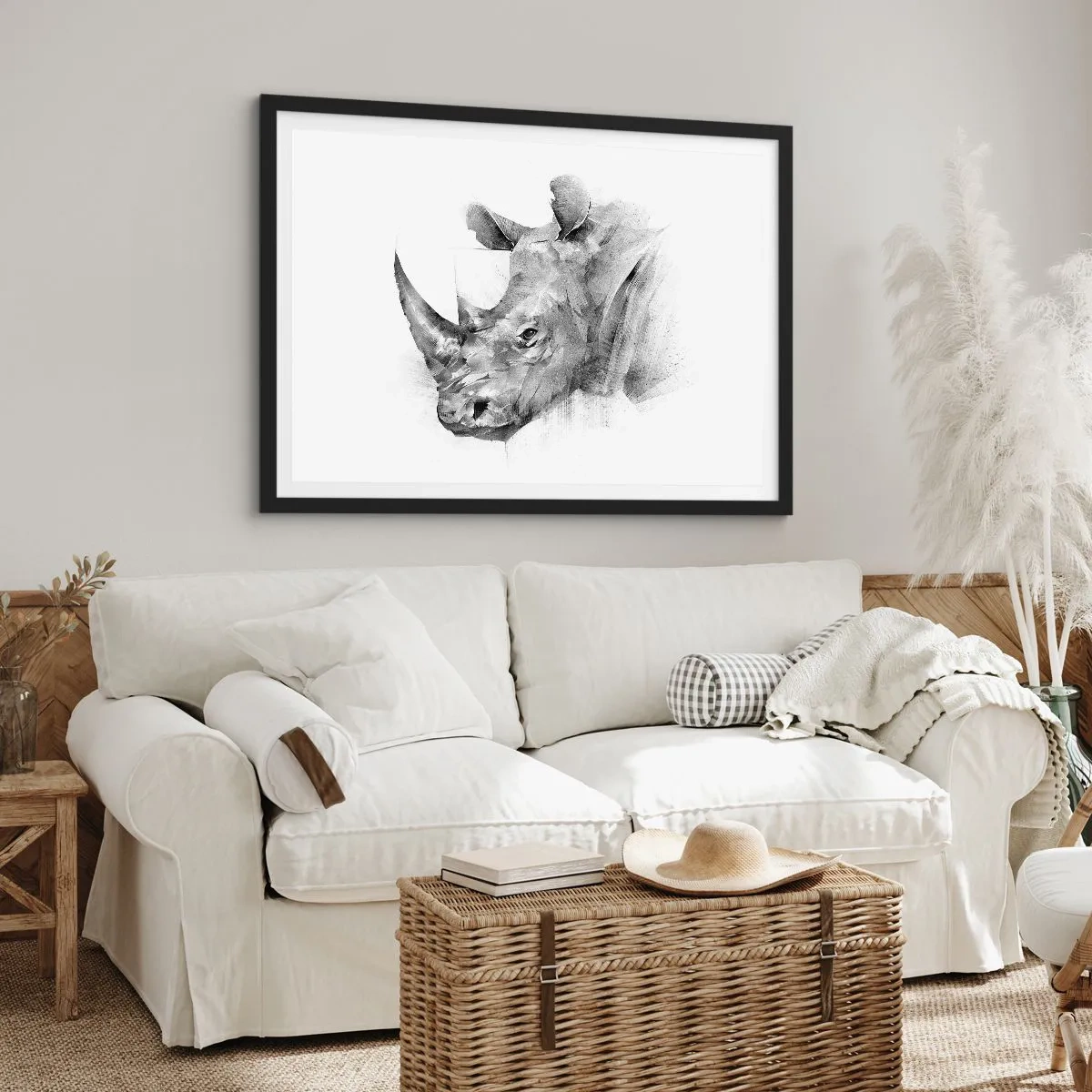 Affiche dans un cadre noir - Poster - Portrait artistique d'un rhinocéros en noir et blanc - 70x50cm - Potrait africain - Décoration murale moderne pour le salon et la chambre ARTTOR