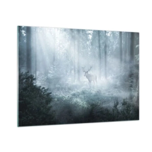 Impression sur verre - Image sur verre - Un cerf dans une forêt brumeuse illuminée par les rayons du soleil du matin - 100x70cm - Visite matinale du domaine - Décoration murale moderne pour le salon et la chambre ARTTOR