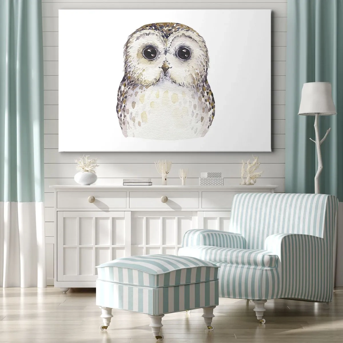 Impression sur toile - Image sur toile - Portrait d'un hibou sur fond clair aux couleurs délicates - 70x50cm - Regarde-moi dans les yeux - Décoration murale moderne pour le salon et la chambre ARTTOR